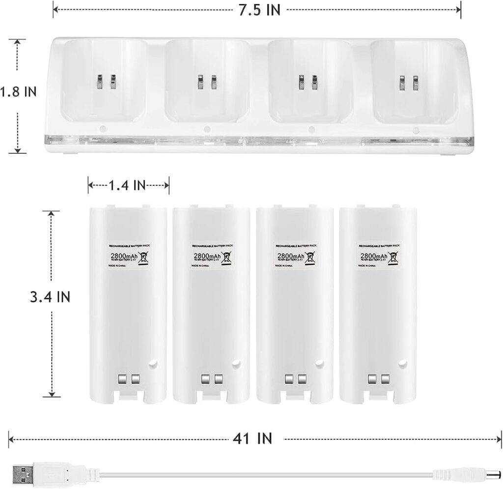 4-in-1 Charging Station for WiiWii U Remote Controller with 4 Rechargeable Battery Packs (4 Port Charging Station+4 pcs 2800mAh Replacement Batteries+USB Cable),Remote Not Included