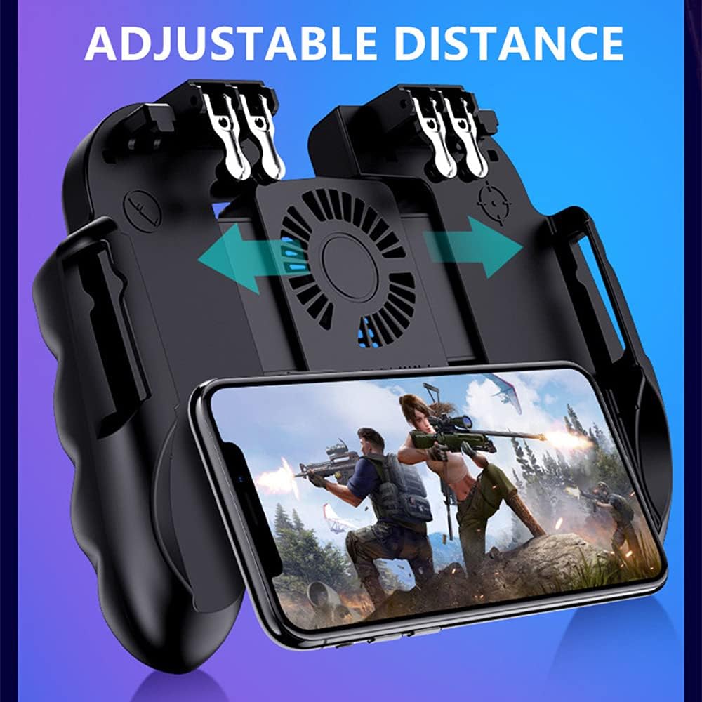 4 Trigger Mobile Game Controller with Cooling Fan Adjustable Stand for PUBG/Fotnite 6 Finger Operation GAMR or L1R1 L2R2 Gaming Grip for 4.7-6.5 iOS Android Phone