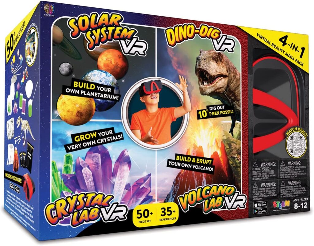 Abacus Brands Virtual Reality 4 in 1 Deluxe VR Lab - Illustrated Interactive VR Book and STEM Learning Activity Set (Solar System, Dino-Dig, Crystal and Volcano)