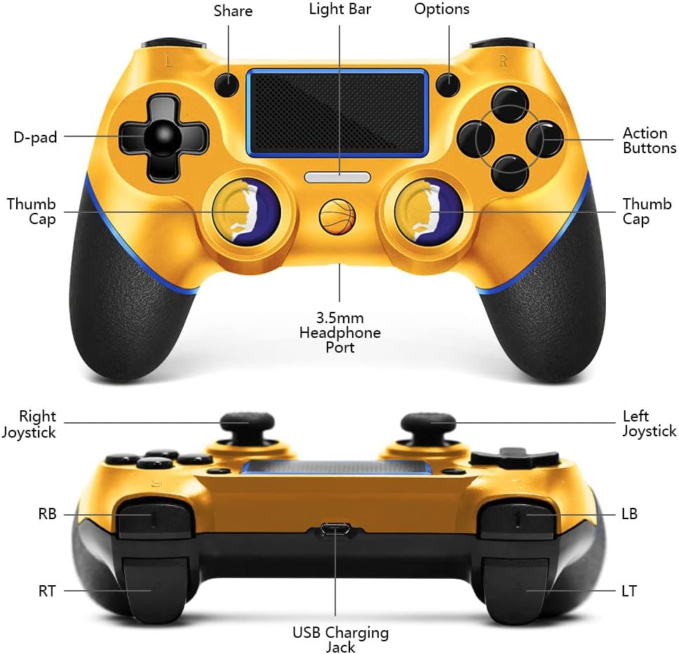AceGamer Wireless Controller for PS4, Custom Basketball Design V2 Gamepad Joystick for PS4 with Non-Slip Grip of Both Sides and 3.5mm Audio Jack! Thumb Caps Included! (Dark-Gold Basketball)