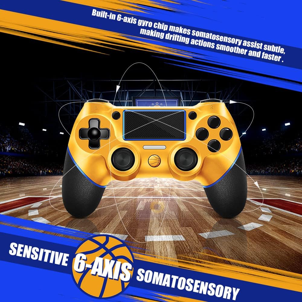 AceGamer Wireless Controller for PS4, Custom Basketball Design V2 Gamepad Joystick for PS4 with Non-Slip Grip of Both Sides and 3.5mm Audio Jack! Thumb Caps Included! (Dark-Gold Basketball)