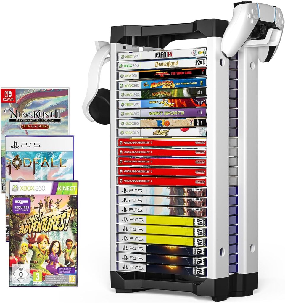 Allnice Game Storage Tower Multifunction Video Game Shelf for 24 game Disk, 2 Headsets Controllers Holder Compatible with PS3/PS4/PS5/ Nintendo Switch/Xbox One, Xbox Series X/S and Blu-Ray Discs