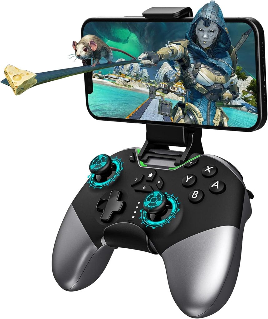 Bluetooth Controller for Switch/PC/iPhone/Android/Apple Arcade MFi Games/TV/Steam, Pro Wireless Game Controller with Phone Clip with Newly Launched Lock Joystick Speed Function/6-Axis Gyro/Dual Motors