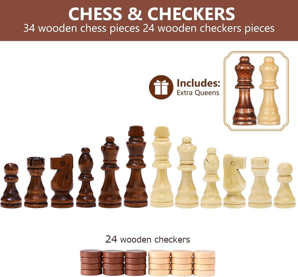 Chess Sets - 15 Inch Wooden Magnetic Chess  Checkers Set Board Game - with 2 Extra Queen Pieces - Chess Sets for Adults - Chess Set for Kids