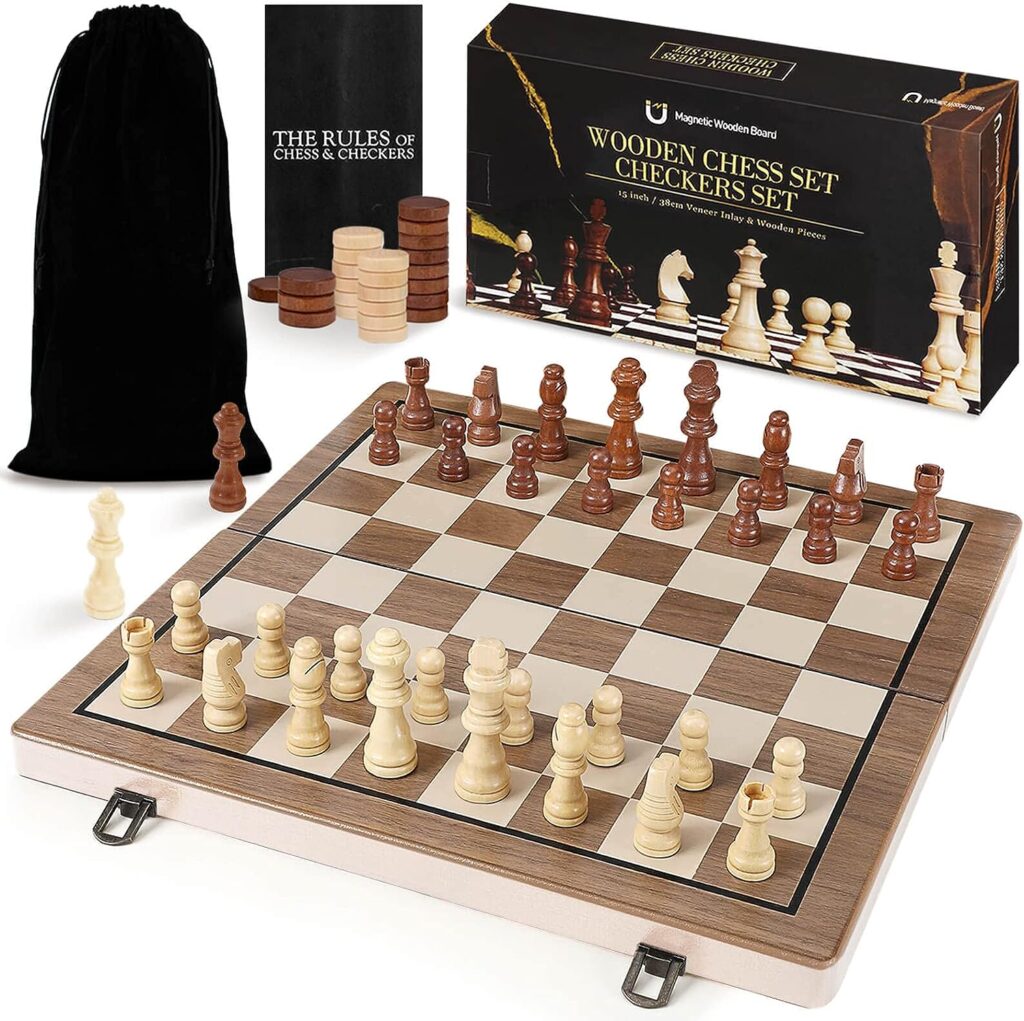 Chess Sets - 15 Inch Wooden Magnetic Chess  Checkers Set Board Game - with 2 Extra Queen Pieces - Chess Sets for Adults - Chess Set for Kids