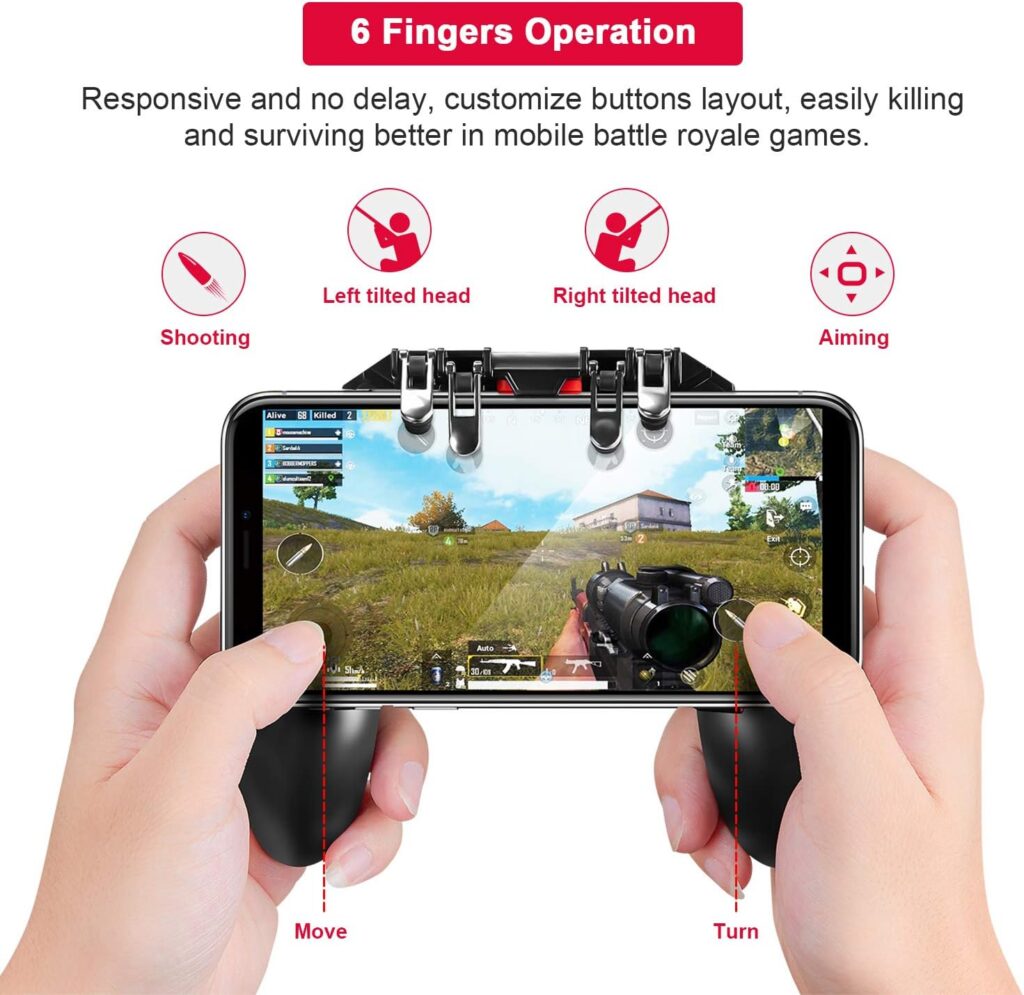 DELAM Mobile Game Controller with L1R1 L2R2 Triggers, PUBG Mobile Controller 6 Fingers Operation, Joystick Remote Grip Shooting Aim Keys for 4.7-6.5 iPhone Android iOS Cellphone Gamepad Accessories