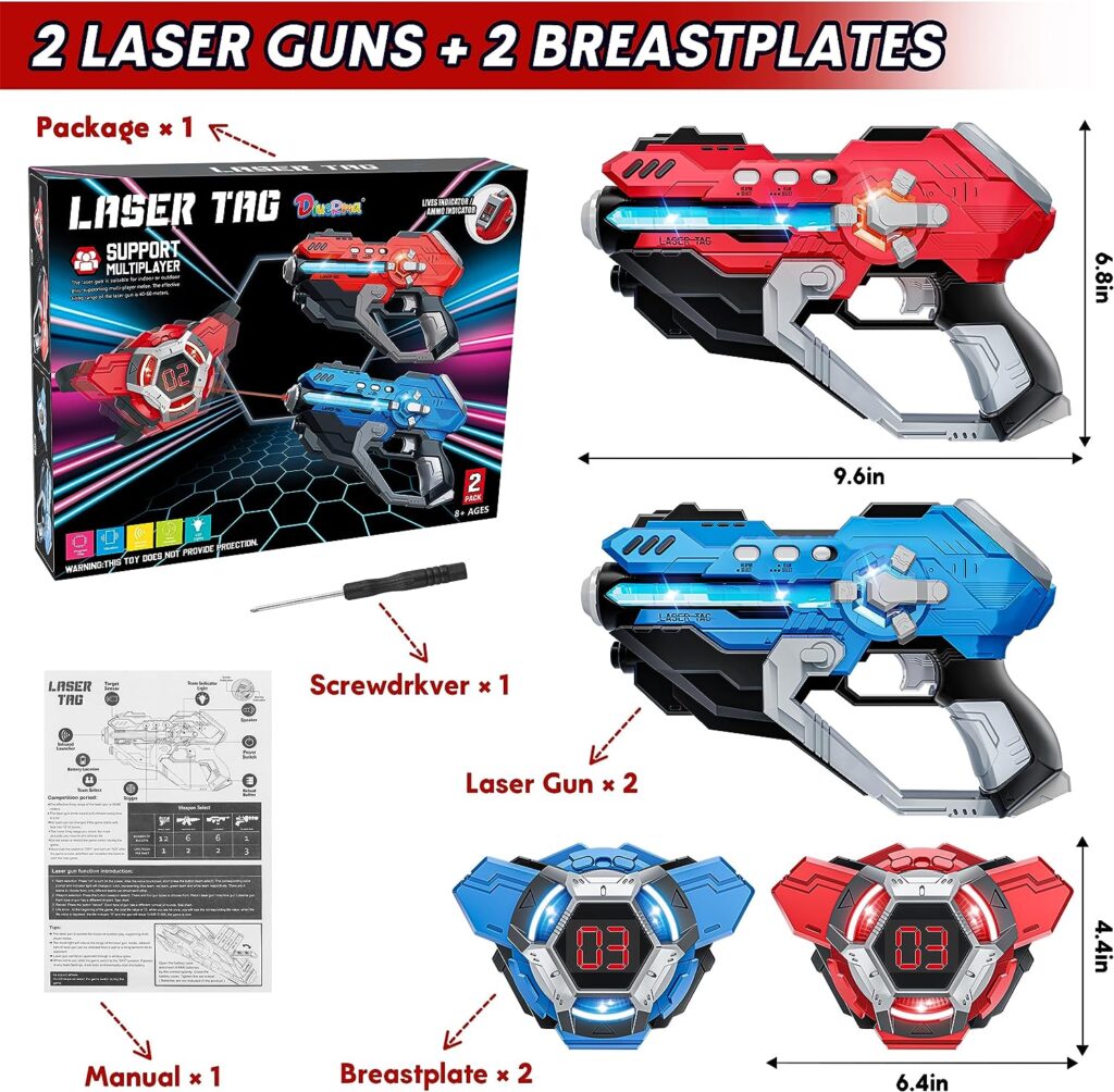 Diuerma Laser Tag Set of 2-Infrared Multi Function Laser Gun-2 Guns and 2 Vests-IndoorOutdoor Play Toy-Laser Tag Gifts for Boys Girls Teens and Team-Ages for 6 7 8 9 10 11 12+ Year Old