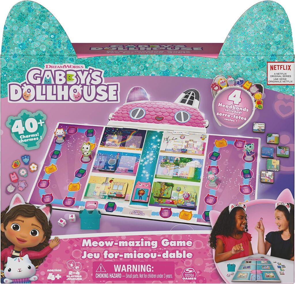 Gabby’s Dollhouse, Meow-Mazing Board Game Based on The DreamWorks Netflix Show with 4 Kitty Headbands, for Families  Kids Ages 4 and up