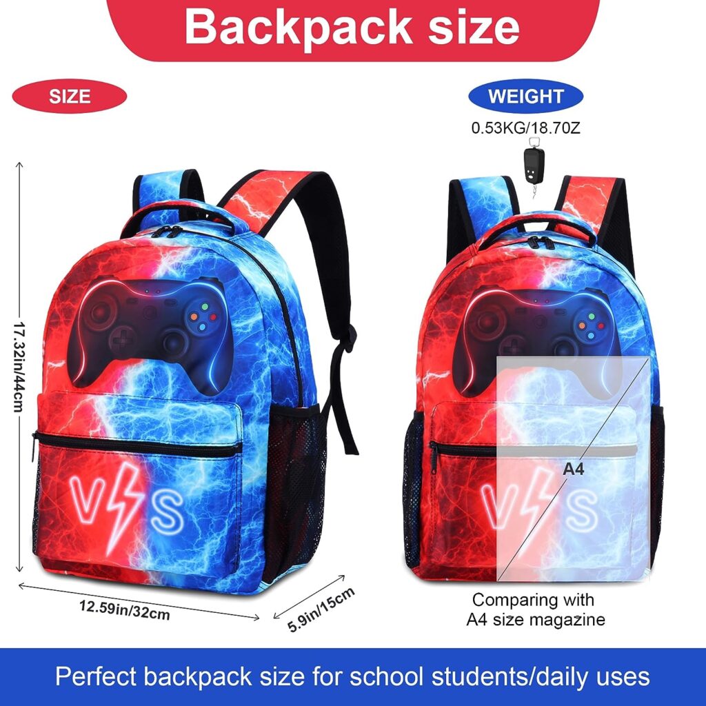 HSELOGI Gamer Backpack for Boys Girls, Kids Gaming Backpack with Lunch Bag, 17 Laptop Backpack School BookBag Set with Keychain