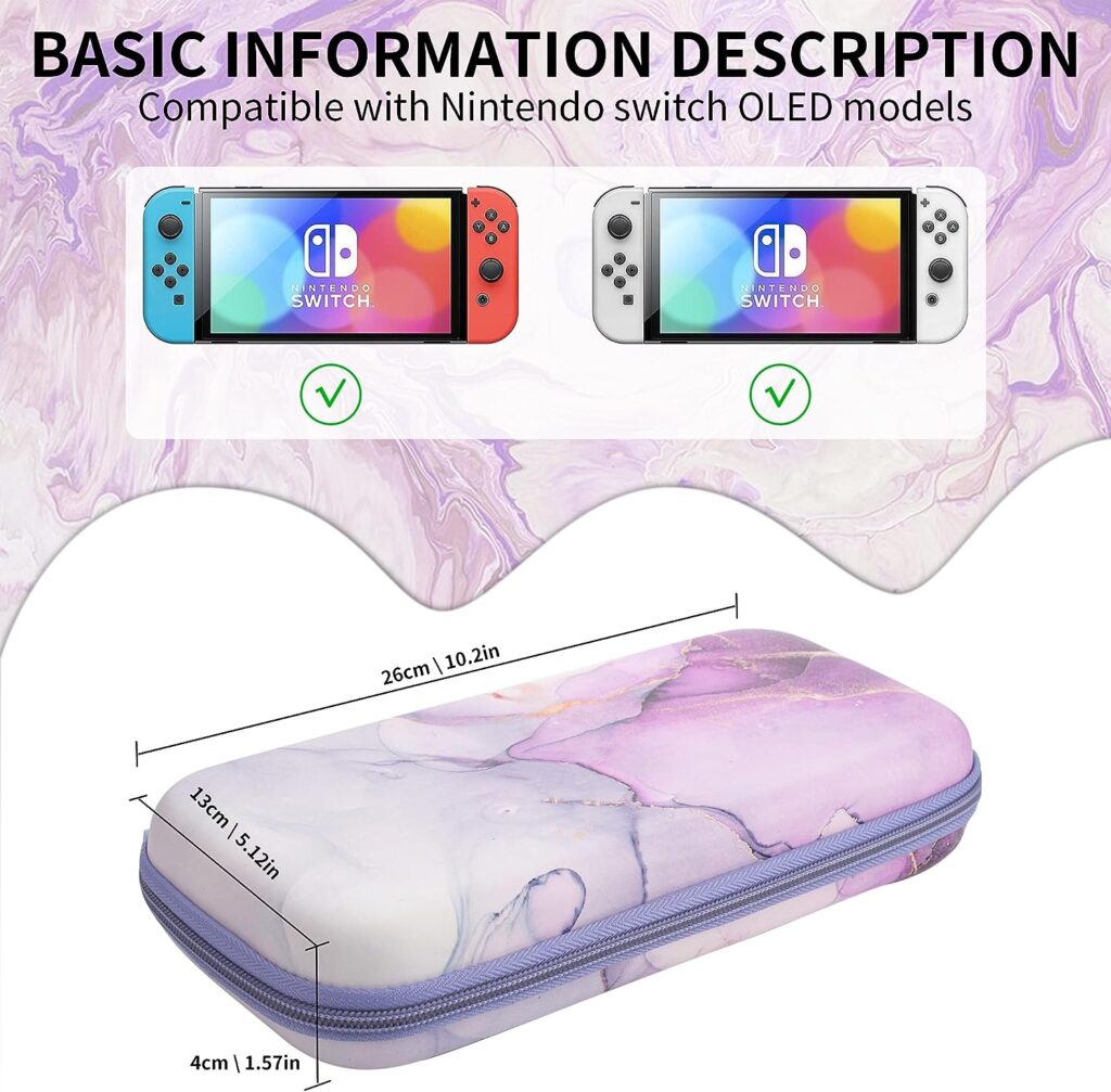 HYPERCASE Purple Marble Carrying Case for Nintendo Switch OLED, Protective Hard Shell for Switch Console with Portable Travel Case, Game Card Case, Adjustable Shoulder Strap and 2 Cute Thumb Caps.