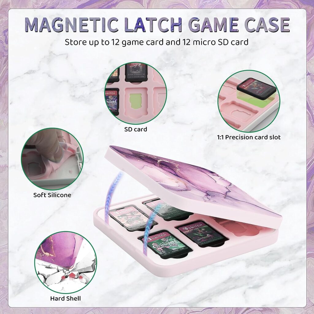 HYPERCASE Purple Marble Carrying Case for Nintendo Switch OLED, Protective Hard Shell for Switch Console with Portable Travel Case, Game Card Case, Adjustable Shoulder Strap and 2 Cute Thumb Caps.