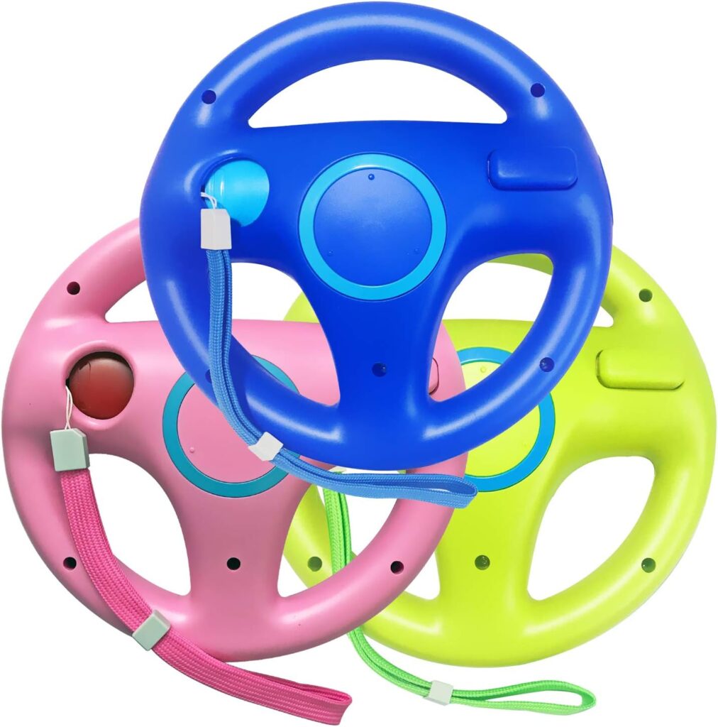 Jadebones 3PCS Blue Pink Green Racing Steering Wheel with Wrist Strap for Wii and Wii U