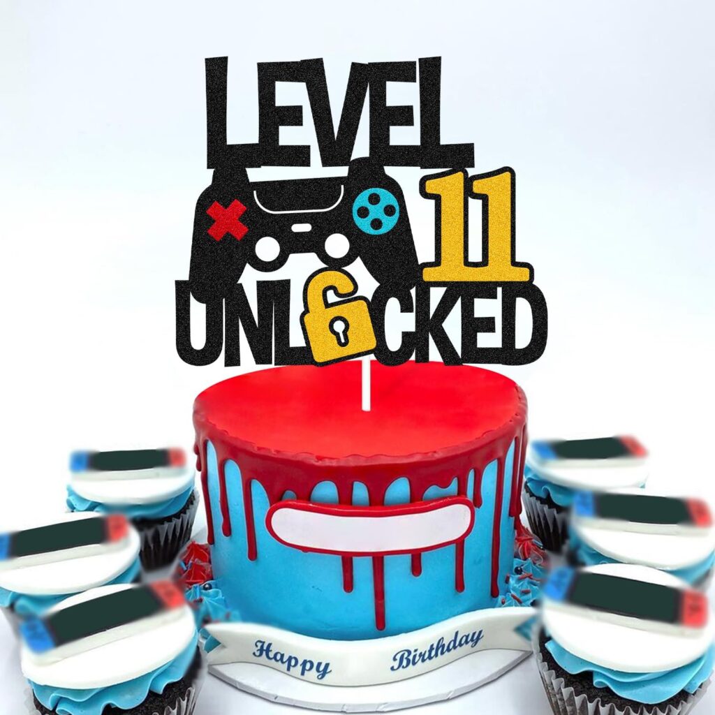 Level 11th Unlocked Cake Topper Game Controller 11s Cake Decoration Happy 11 Birthday Cake Decor Video Play Game Movie Theme Boys Girls Men Women Teenager Bday Party Event Celebration Supplies