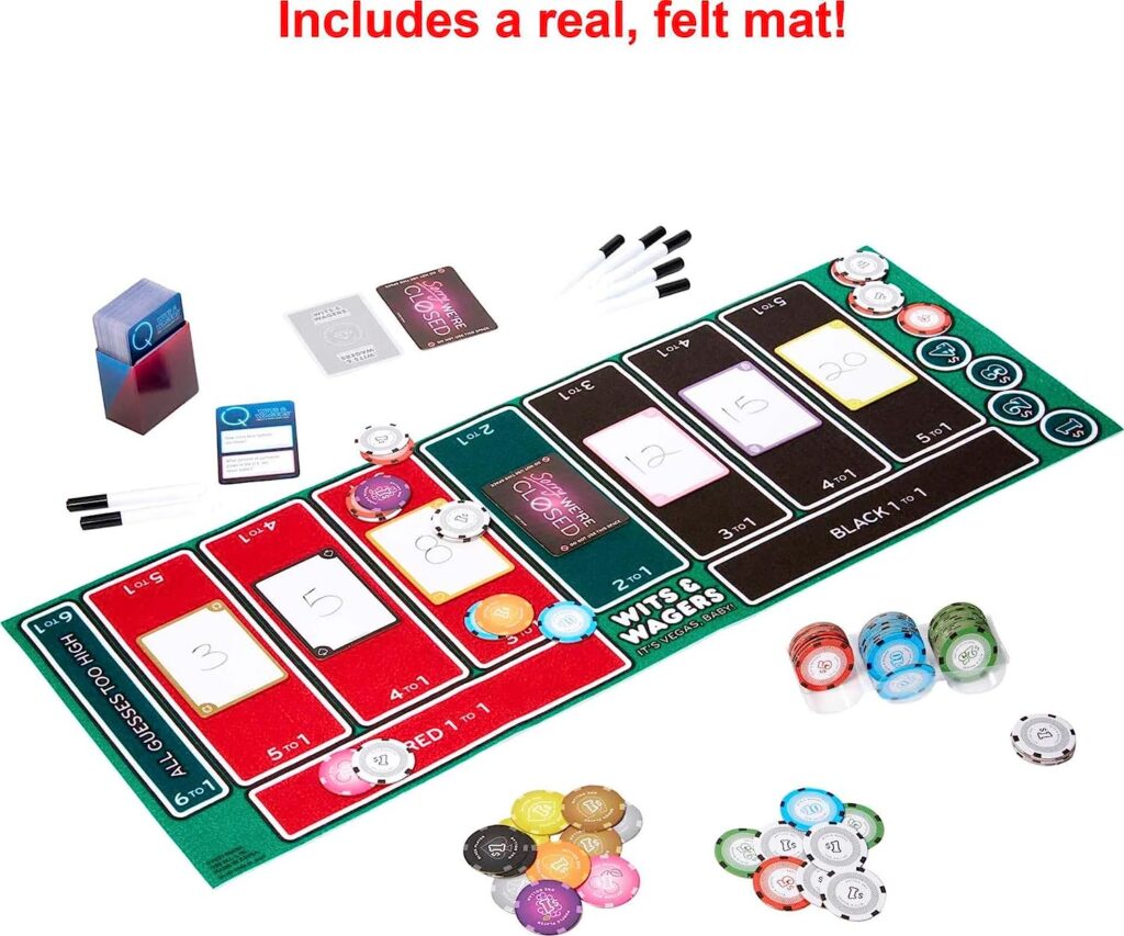 Mattel Games Wits  Wagers Board Game Vegas Edition, Party Game with Dry Erase Boards, Markers  Poker Chips for 5+ Players Large