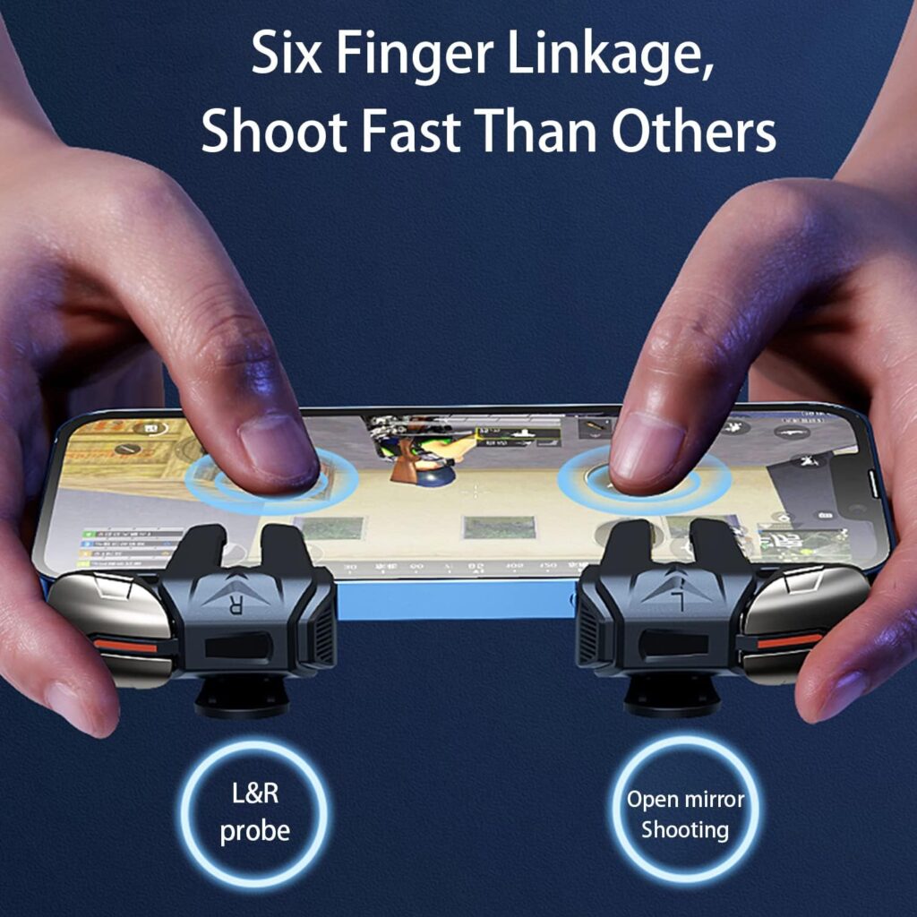 Mobile Triggers, Joystick Aim  Fire Trigger for iPhone and Android Phone, 6 Fingers Operation with Key Layout Diagram Compatible with PUBG/Fornite/Call of Duty/Rules of Survival/Knives Out (black)