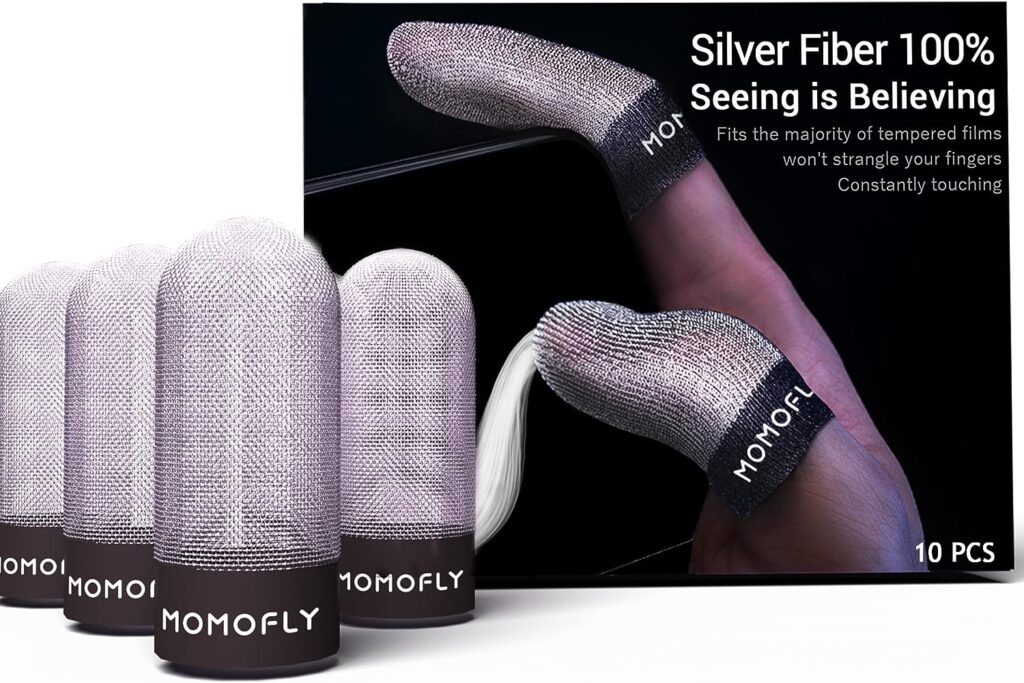 MOMOFLY Gaming Finger Sleeves,Customized for American Finger Sizes,100% Visible Silver Fibers,Just Right Pressure/Oversize/Sweatproof,Silver Bullet Ⅰ for COD Mobile PUBG Gaming Glove（10P） (L)