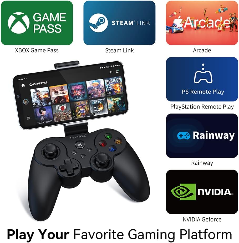 ShanWan Mobile Game Controller for iphone and Android with Phone Bracket and LED Backlight--PS Remote Play, Xbox Cloud, Steam Link, GeForce Now, MFi Apple Arcade Games-Long Battery Life (For iOS  Android, Black)