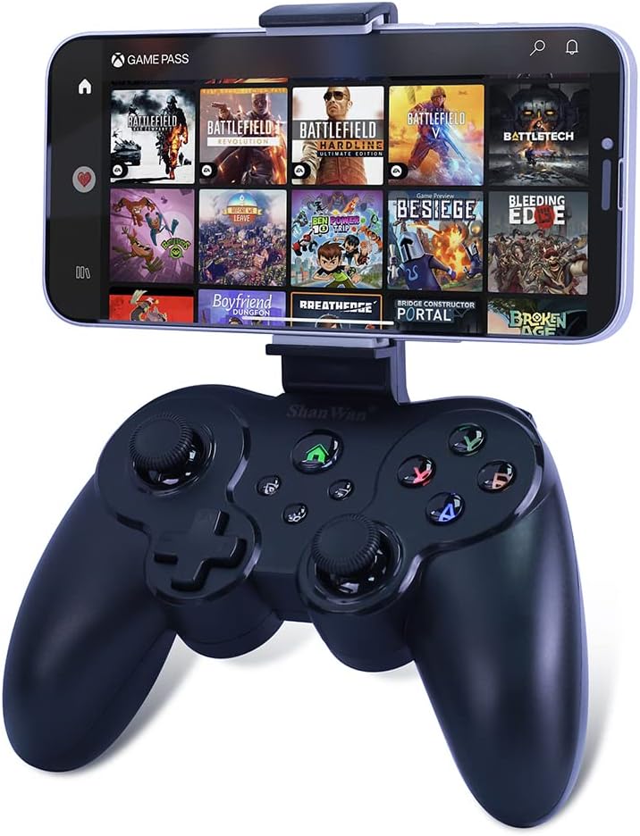 ShanWan Mobile Game Controller for iphone and Android with Phone Bracket and LED Backlight--PS Remote Play, Xbox Cloud, Steam Link, GeForce Now, MFi Apple Arcade Games-Long Battery Life (For iOS  Android, Black)