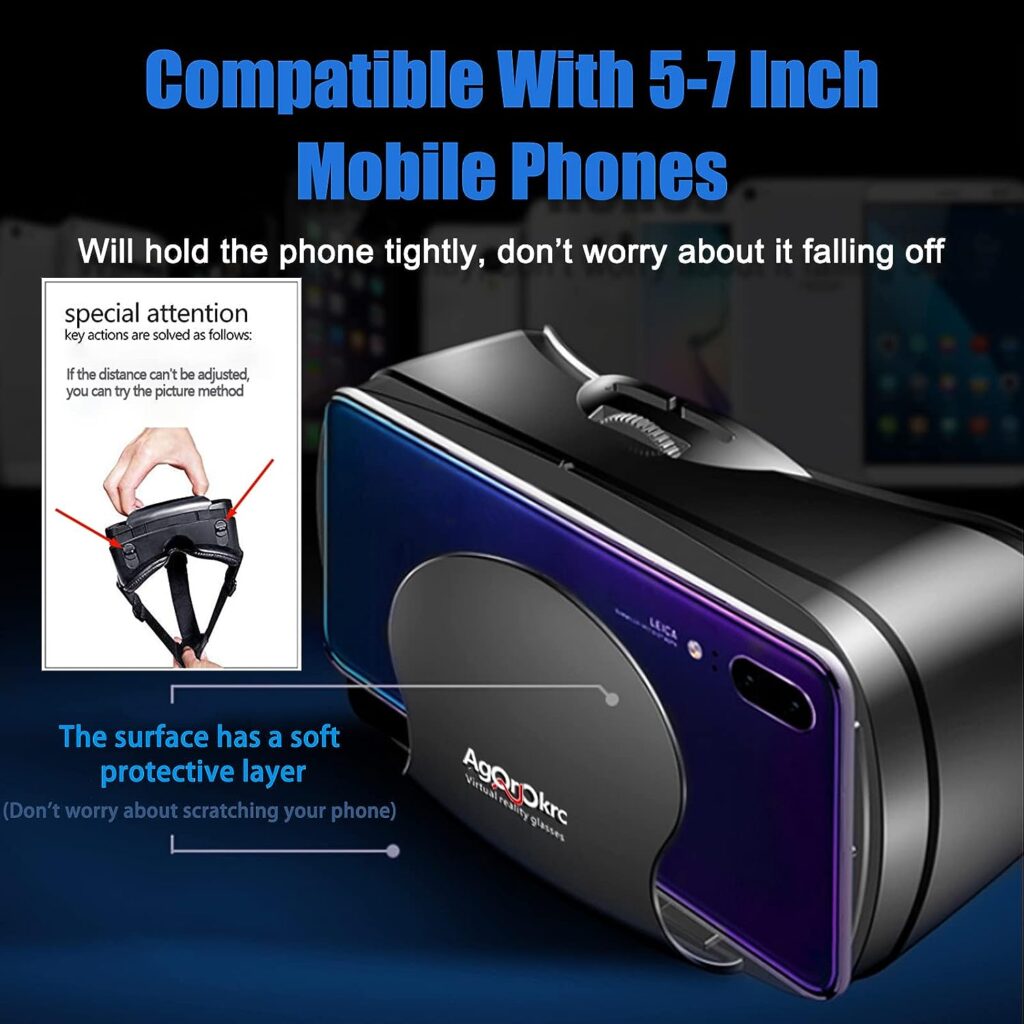 VR Headset with Controller Adjustable 3D VR Glasses Virtual Reality Headset HD Blu-ray Eye Protected Support 5~7 Inch for Phone/Android