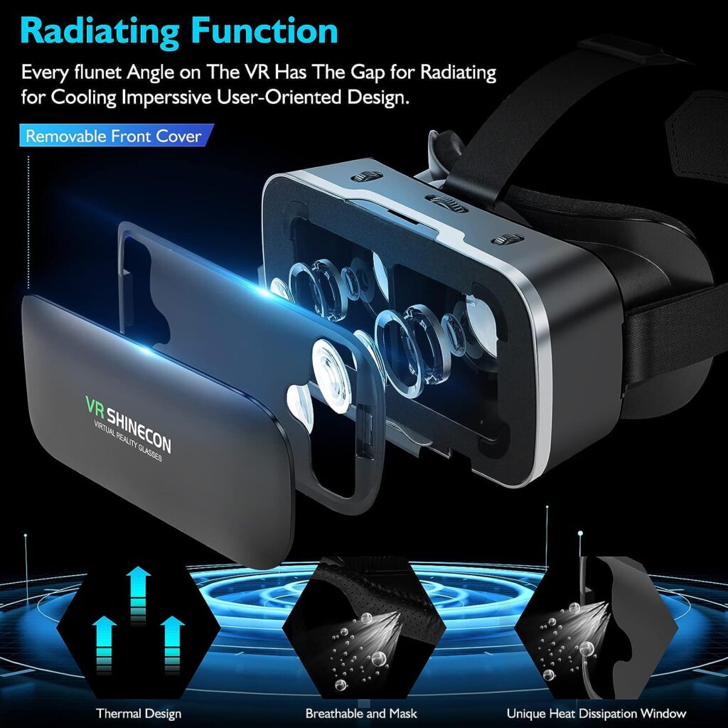 VR SHINECON VR Headset Glasses[Blu-ray] High-end Version of The Removable 3D Virtual Reality Helmet 4.7-6.7 inches for TV, Phone Movies,Education Video Games Compatible iOS, Android