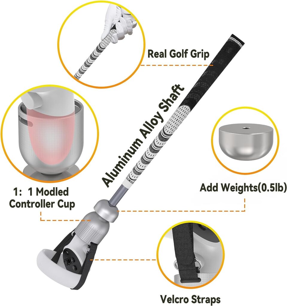 Weighted VR Golf Club for Meta Quest 2/Oculus Quest 2, Aluminum Golf Club Handle with Realistic Grip and Two Straps, by ZHGM (Silver)